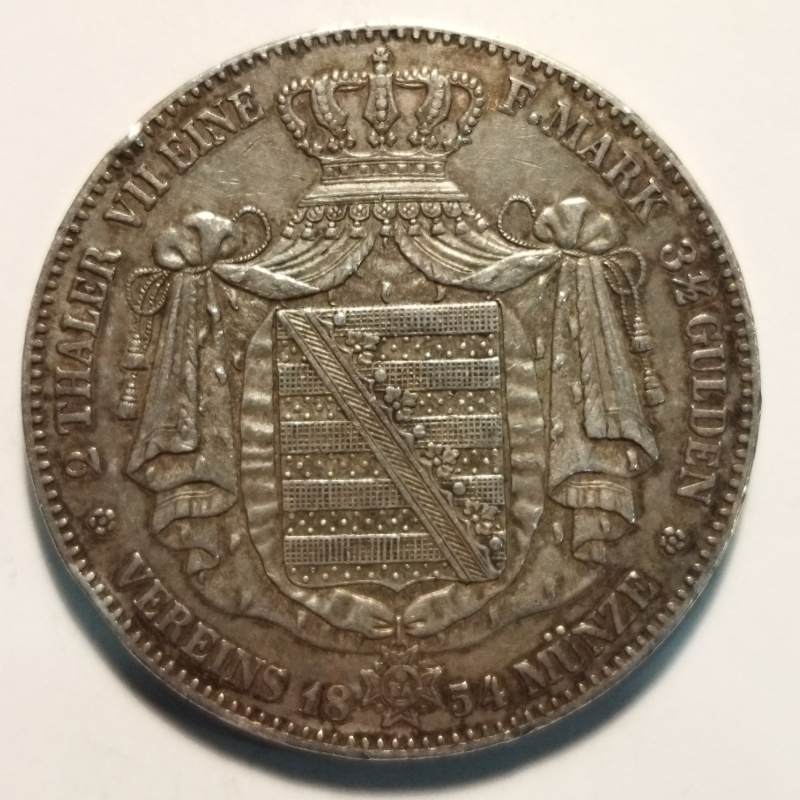 reverse: Sassonia. Fed. Aug. II. 2 Talleri - 3 1/2 Gulden del 1854. AG. BB+. R2.