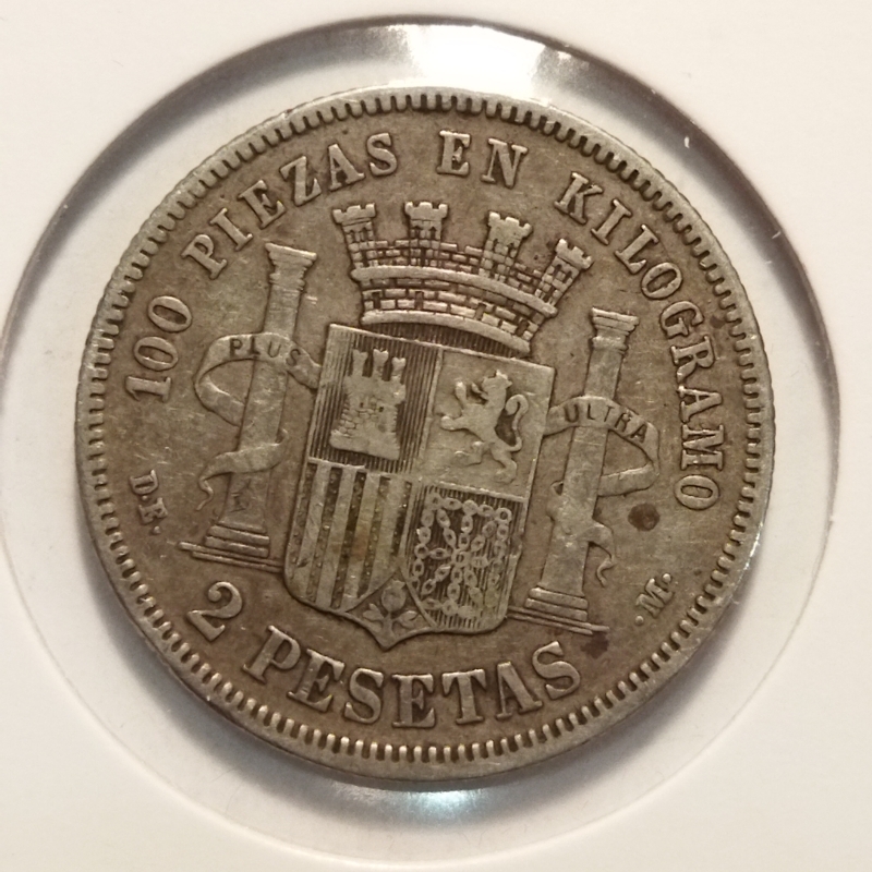 reverse: Spagna. 2 Pesetas 1870. AG. qBB. NC. In oblò di carta.