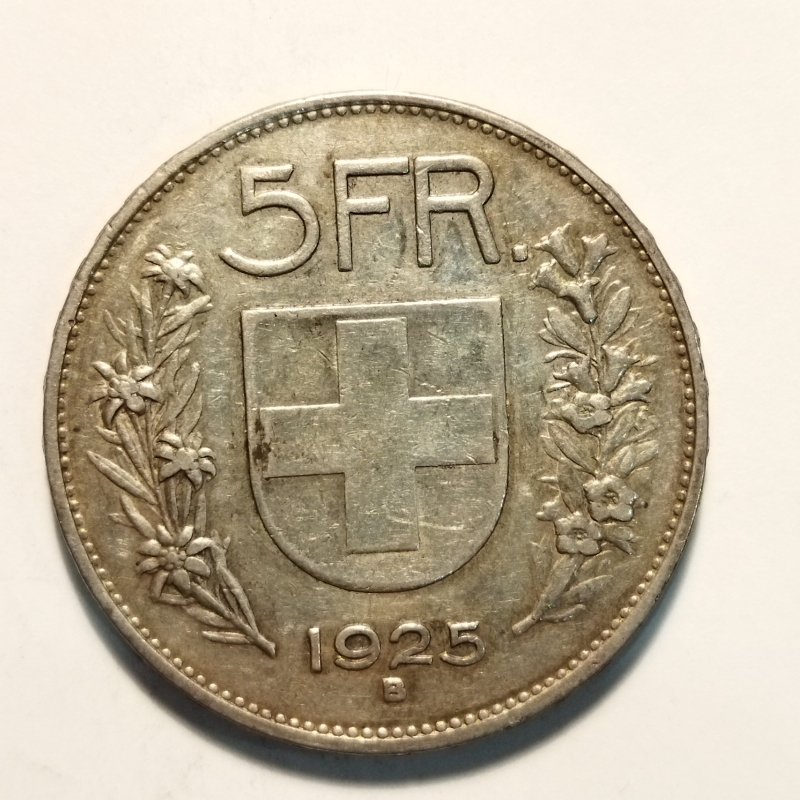 obverse: Svizzera. 5 Fr. 1925. AG. BB.  R1. 