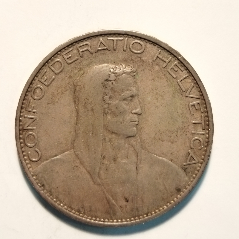 reverse: Svizzera. 5 Fr. 1925. AG. BB.  R1. 