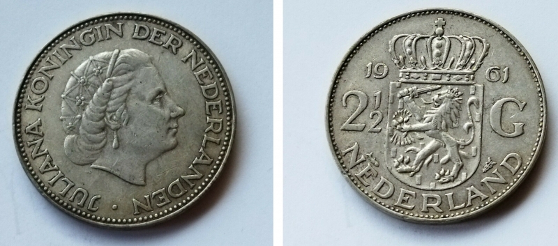 obverse: Olanda. 2 1/2 Gulden 1961. AG. qSPL.