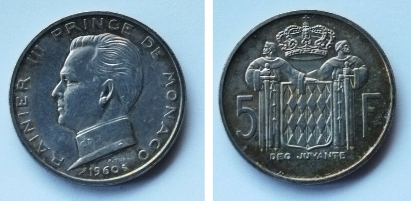 obverse: Principato di Monaco. Ranieri III. 5 Franchi 1960. AG - NC