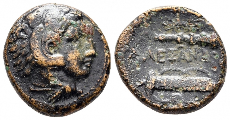 obverse: Alessandro III, re di Macedonia (336-323 a.C). Zecca incerta. AE Bronzo (17 mm. – 5,93 gr.). R.\: arco con faretra. MB. NC.
