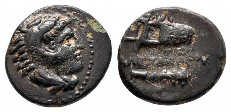 obverse: Alessandro III, re di Macedonia (336-323 a.C). Zecca incerta. AE Bronzo (12 mm. – 1,27 gr.). R.\: arco con faretra. BB. NC.
