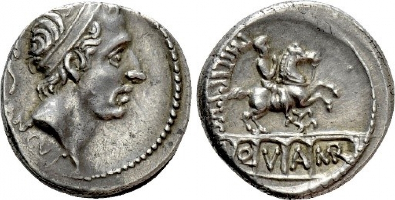 obverse: Gens Marcia (57 a.C.). L. MARCIUS PHILIPPUS. Roma. AR Denarius (4,06 gr. – 17 mm.).D.\: ANCVS, R.\: PHILIPPVS / AQVA (MR). Crawford 425/1. qSPL. NC.