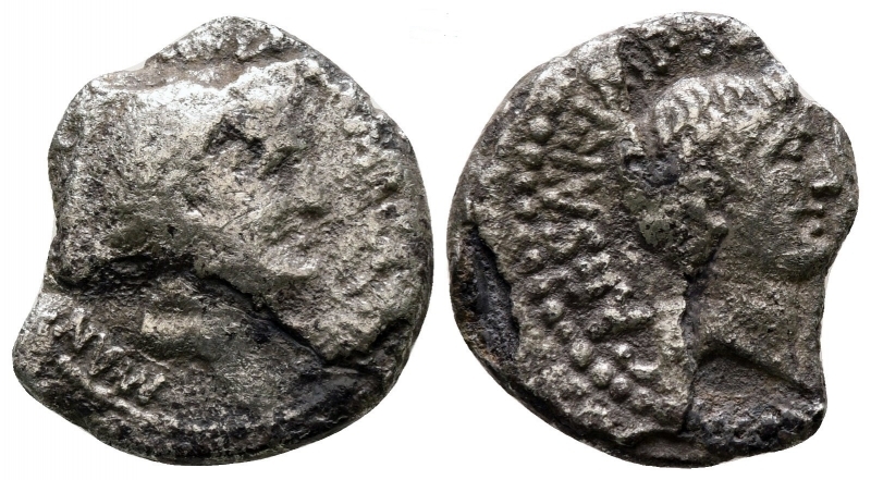 obverse: Marco Antonio con Ottaviano (41 a.C.). Conio militare. Ar Denarius (18 mm. – 2,86 gr.). D.\: profilo Maroc Antonio. R.\: profilo Ottaviano. MB. R1. 
 