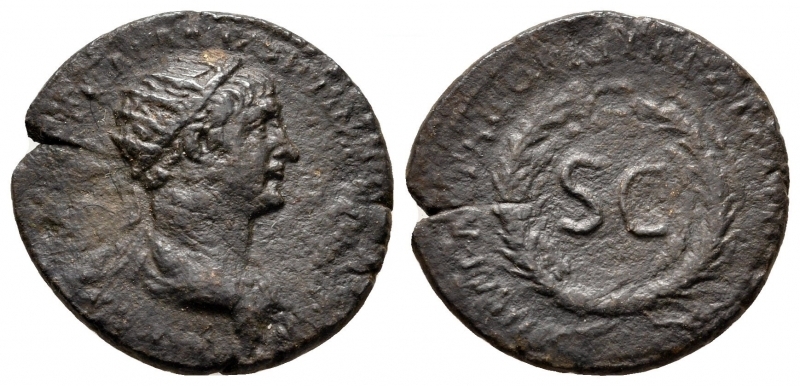 obverse: Traiano (98-117). Coniato a Roma per la circolazione in: Seleucis e Pieria, Antiochia. AE Semisse (18 mm – 3,60 gr.). R.\: SC in corona d’alloro. McAlee 431. qBB. NC.