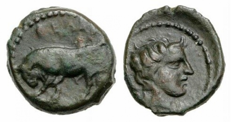 obverse: Sicilia, Gela (420-405 a.C.). Æ Oncia (10mm - 1.15g.). D.\: toro a sx; R.\: testa ornata di Gela a dx. CNS III, 11; SNG ANS 108; HGC 2, 382. qBB/BB. R1.
