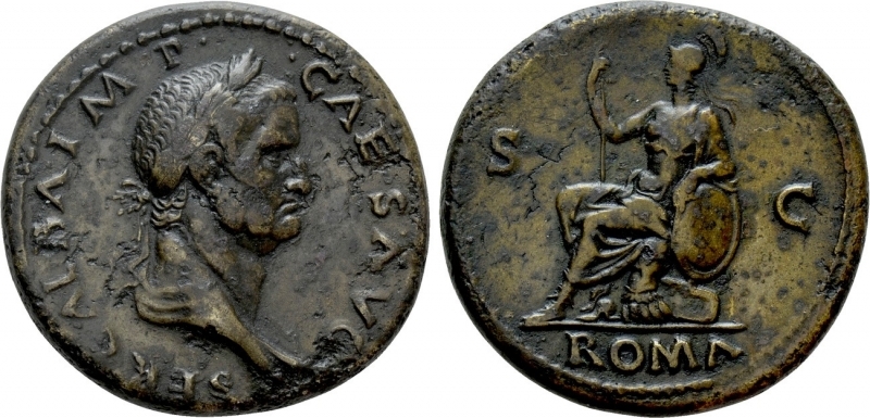 obverse: Galba (68-69). Roma. AE Sestertius (35 mm. – 27,91 gr.). D.\: SER GALBA IMP CAES AVG. R.\: S - C / ROMA, Roma seduta a sx, con scudo dietro. RIC² 240. qBB. NC.