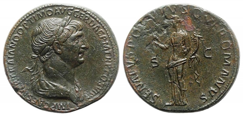 obverse: Traiano (98-117), Roma. Æ Sesterzio (34mm. - 26.65gr.). R.\: Felicitas in piedi a sinistra, con caduceo e cornucopia. RIC II 672. qSPL/BB. Note: bel modulo rilievi e patina gradevoli.