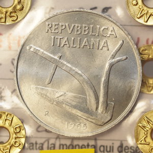 reverse: REPUBBLICA ITALIANA – 10 LIRE 1965 SPIGA FDC   -  PERIZIATA
