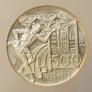 reverse: REPUBBLICA ITALIANA – ARGENTO – 500 LIRE CARLO GOLDONI 1993
