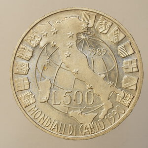 reverse: REPUBBLICA ITALIANA – ARGENTO – 500 LIRE MONDIALI CALCIO 1989