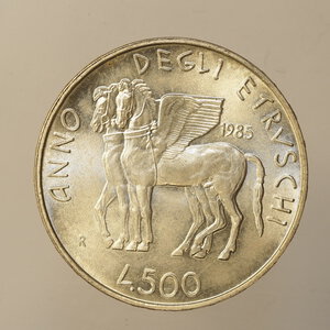 reverse: REPUBBLICA ITALIANA – ARGENTO – 500 LIRE 1985 ANNO DEGLI ETRUSCHI
