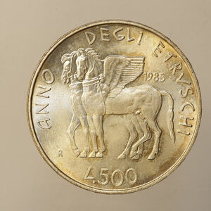 reverse: REPUBBLICA ITALIANA – ARGENTO – 500 LIRE 1985 ANNO DEGLI ETRUSCHI