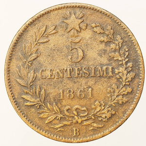 reverse: REGNO D ITALIA – VITT.EM.II – 5 CENTESIMI 1861 B – RR