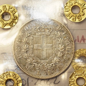 reverse: REGNO D ITALIA – VITT.EM.II – 1 LIRA ARGENTO 1863 M STEMMA – QSPL – PERIZIATA