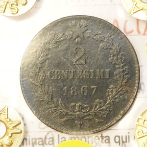 reverse: REGNO D ITALIA – UMBERTO I – 2 CENTESIMI 1867 TORINO QSPL con incrostazioni PERIZIATO 