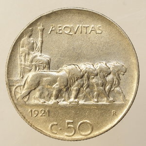 reverse: REGNO D ITALIA – VITT.EM.III – 50 CENTESIMI 1921 LEONI BORDO RIGATO BB+