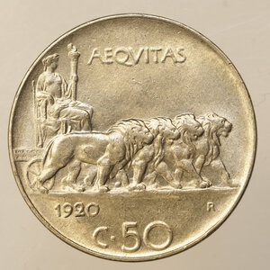 reverse: REGNO D ITALIA – VITT.EM.III – 50 CENTESIMI 1920 LEONI – BORDO LISCIO – SPL