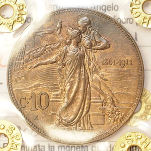 obverse: REGNO D ITALIA – VITT.EM.III – 10 CENTESIMI CINQUANTENARIO 1911 QSPL PERIZIATO