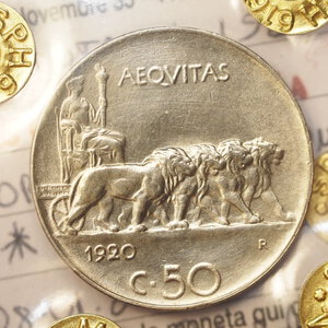 reverse: REGNO D ITALIA – VITT.EM.III – 50 CENTESIMI LEONI LISCIO 1920 SPL+  PERIZIATO 