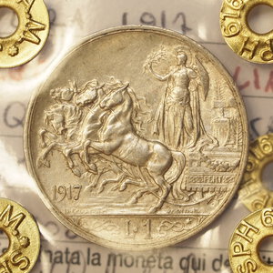 reverse: REGNO D ITALIA – VITT.EM.III – 1 LIRA 1917 ARGENTO QSPL  PERIZIATO 