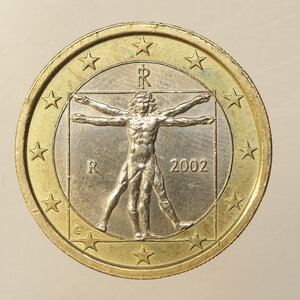 reverse: CURIOSITÀ - 1 EURO ITALIA 2002 FRATTURA DI CONIO – ALLA BASE DELL  1 DEL VALORE