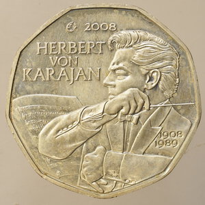 obverse: EURO – AUSTRIA – 5 EURO IN ARGENTO – 2008 HERBERT VON KARAJAN