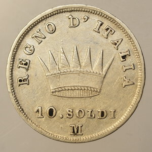 reverse: PREUNITARIE – NAPOLEONE RE D ITALIA – 10 SOLDI 1808 MILANO – RRRR – STELLETTE INCUSE - +BB/QSPL