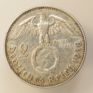obverse: GERMANIA – ARGENTO – TERZO REICH – 2 MARCHI 1938E