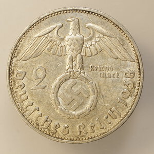 obverse: GERMANIA – ARGENTO – TERZO REICH – 2 MARCHI 1938F