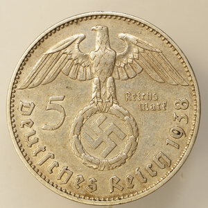 obverse: GERMANIA – ARGENTO – TERZO REICH – 5 MARCHI 1938J