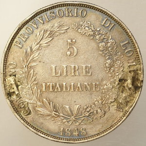 reverse: PREUNITARIE – GOVERNO PROVVISORIO DI LOMBARDIA – 5 LIRE ITALIANE 1848 – EX SPILLA