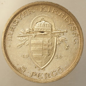 obverse: ESTERO – Ag. - UNGHERIA – 5 PENGO 1938 SPL