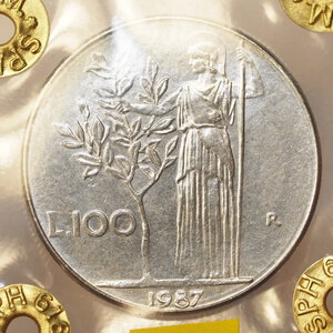 reverse: REPUBBLICA ITALIANA – 100 LIRE 1987 – VARIANTE “7 UNCINO” SPL  - PERIZIATA