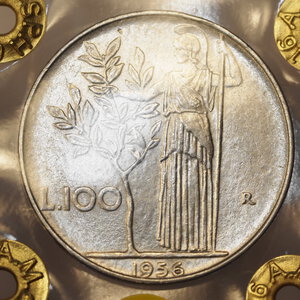 reverse: REPUBBLICA ITALIANA – 100 LIRE 1956 SPL - PERIZIATA 
