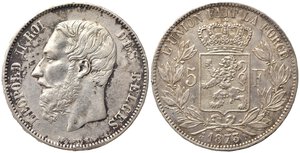 obverse: BELGIO. Leopoldo II (1865-1909). 5 Francs 1873. Ag. KM#24. BB+/qSPL