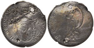 obverse: FANO. Gregorio XIII (1572-1585). Giulio Ag. (2,68 g). Stemma - La Fortuna nuda in piedi su una conchiglia tiene una vela rigonfia. MIR 1263 - R2. Lucidata, fori. B