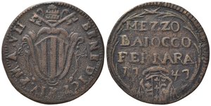 obverse: FERRARA. Stato Pontificio. Benedetto XIV (1740-1758). Mezzo Baiocco 1747. BB
