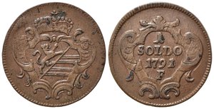 obverse: GORIZIA. Leopoldo II (1790-1792). 1 Soldo 1791 F (Hall). Cu. C#6.2. BB