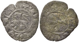 obverse: L AQUILA. Ludovico II d Angiò (1382-1384). Quattrino Mi (1,00 g). Croce patente - Leone a sinistra. Biaggi 100. MB