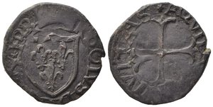 obverse: L AQUILA. Carlo VIII di Francia (1495). Cavallo AE (1.97 g). Scudo coronato di Francia. R/croce patente tripartita. D Andrea-Andreani 135; CNI 45. tracce di ribattitura. BB