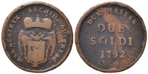 obverse: MASSA DI LUNIGIANA. Maria Beatrice d Este Cybo Malaspina (1790-1796) e (1814-1829). Da 2 soldi 1792. Cu. MIR 330. MB