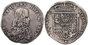 obverse: MILANO. Carlo II (1665-1700). Mezzo filippo 1676 Ag (13,81 g). MIR 388/1. Raro. BB