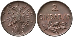 obverse: ALBANIA. Zog I (1928-1939). 2 Qindar Ar 1935 R. Roma. Cu. KM#15. qFDC