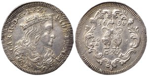 obverse: NAPOLI. Carlo II di Spagna (1674-1700). Tarì da 20 grana 1696. Ag (4,36 g). Magliocca 27. qSPL/SPL