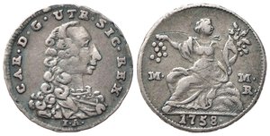 obverse: NAPOLI. Carlo di Borbone (1734-1759). Mezzo Carlino da 5 grana 1758. Ag (1,00 g). Magliocca 159. BB
