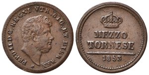 obverse: NAPOLI. Ferdinando II di Borbone (1830-1859). Mezzo Tornese 1853. Cu. Magliocca 802. qSPL 