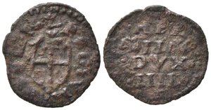 obverse: REGGIO EMILIA. Ercole II d Este (1534-1559). Quattrino Mi (0,92 g). D/HER aquiletta II aquiletta DVX IIII su quattro righe. R/REGIVM LEPIDI; Stemma. MIR1324 - R2. MB+